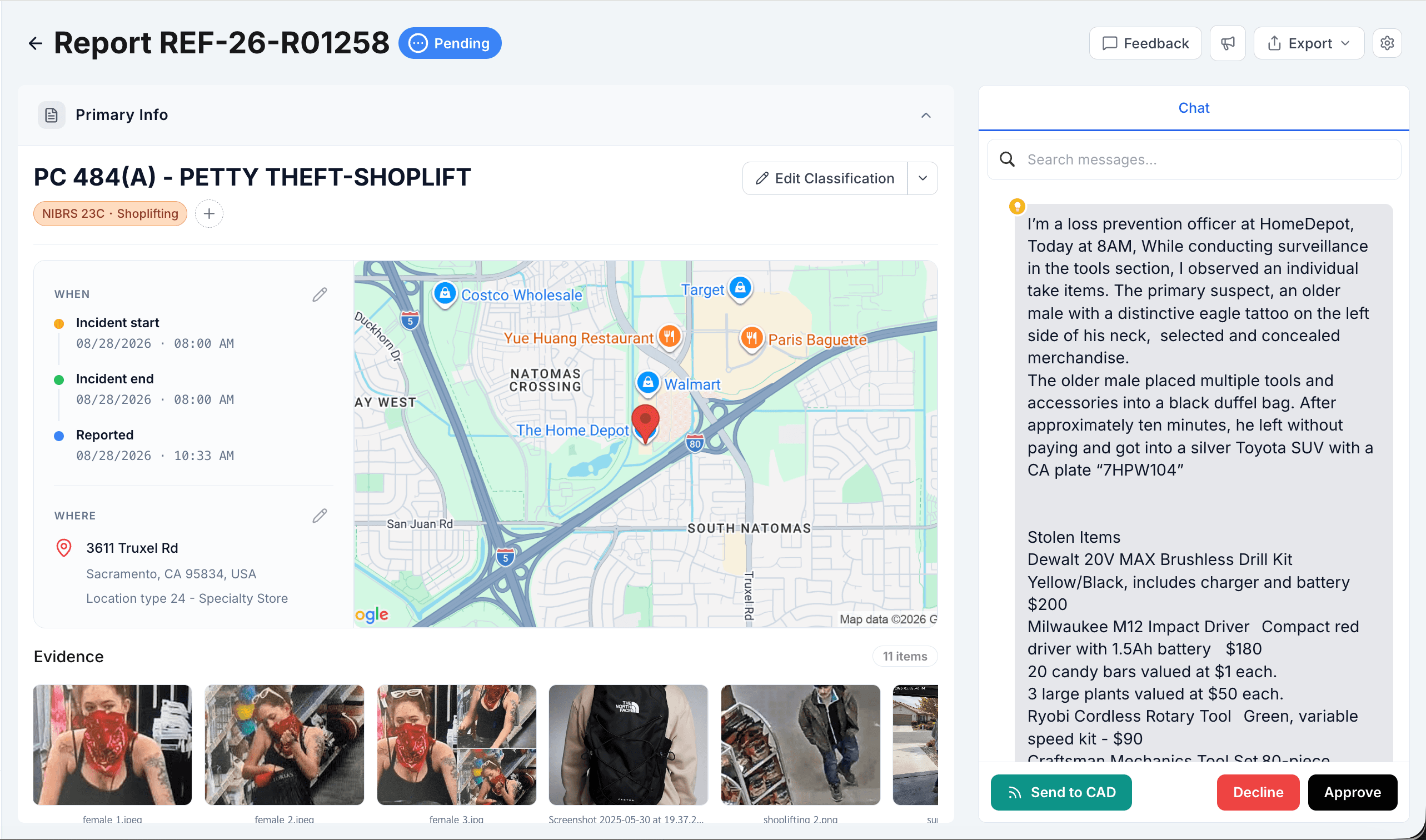 OneReport report review showing a shoplifting classification and NIBRS code, incident details, evidence photos, the reporter’s account, and approval and decline actions